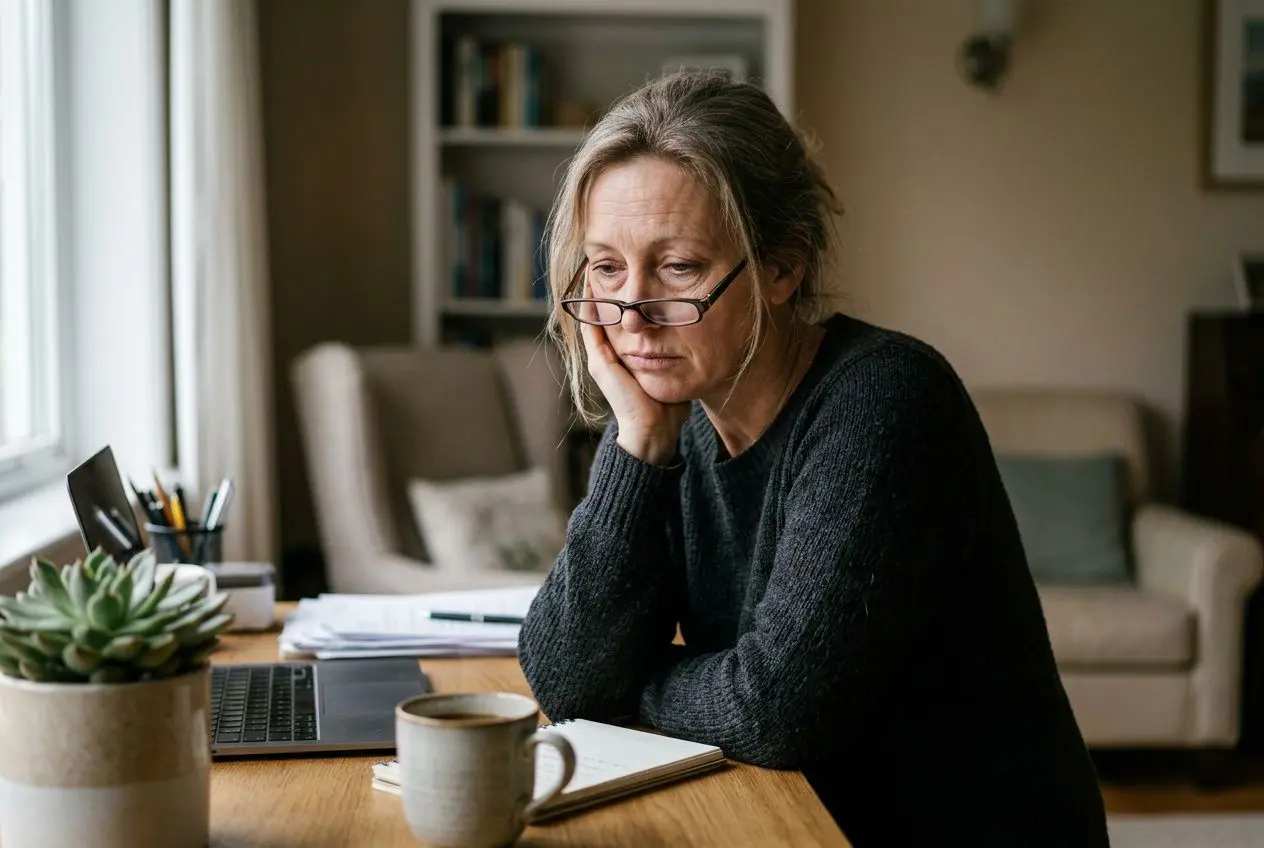 Une femme pensivement assise à un bureau, lisant des documents avec lunettes, évoquant le stress oxydatif symptômes et ses répercussions sur la santé.