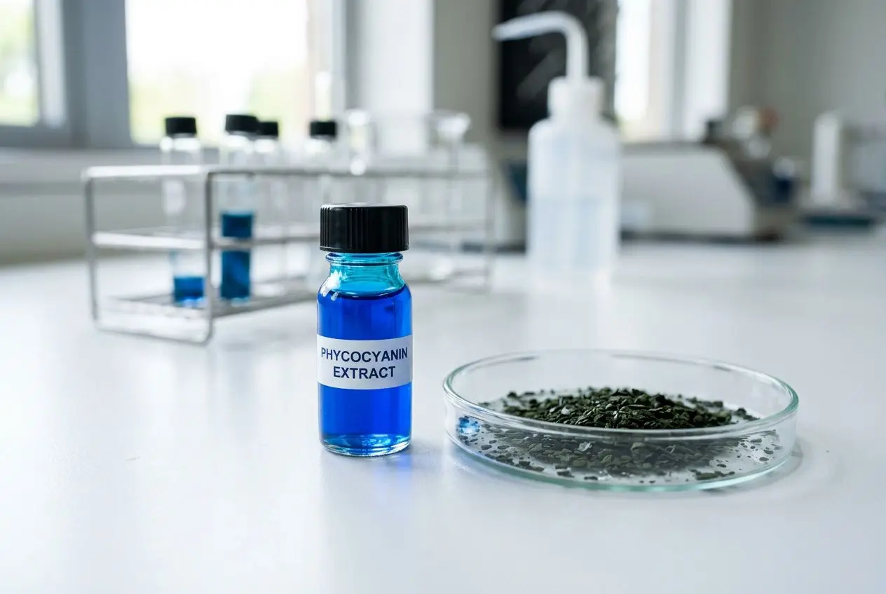 Flacon bleu d’extrait de phycocyanine à côté de morceaux d’algues spiruline, dans un laboratoire. phycocyanine c'est quoi exactement.
