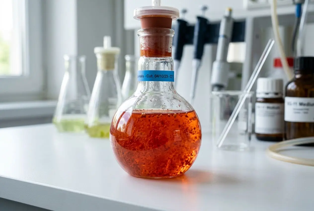 Flacon rond en verre contenant une solution orange vif d’astaxanthine, posé sur un laboratoire avec étagères et fioles en arrière-plan. Astaxanthine bienfaits présent dans la description naturelle du produit.