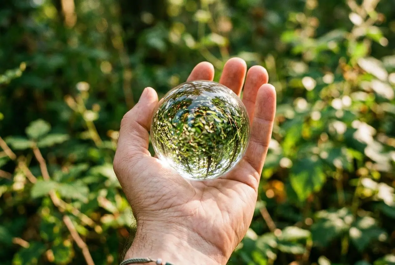 Main sujet: main tenant une boule en verre reflétant l’environnement, fond de verdure. Intègre le mot-clé: comment réduire le stress oxydatif de manière fluide. Alt: Main tenant une sphère en verre reflétant la nature, symbole de réduction du stress oxydatif.