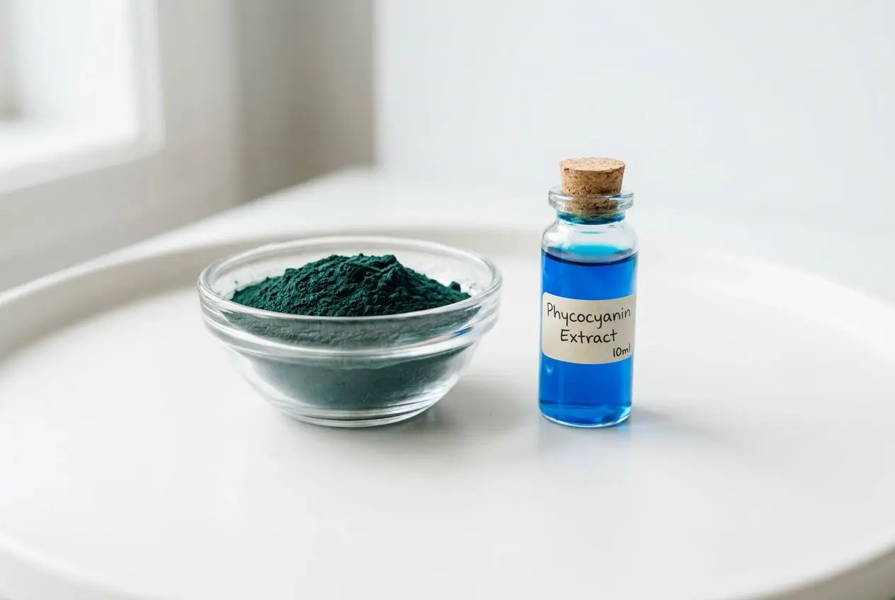 Poudre verte de spiruline et extrait de phycocyanine en fiole bleue, montrant la différence entre la spiruline et la phycocyanine.