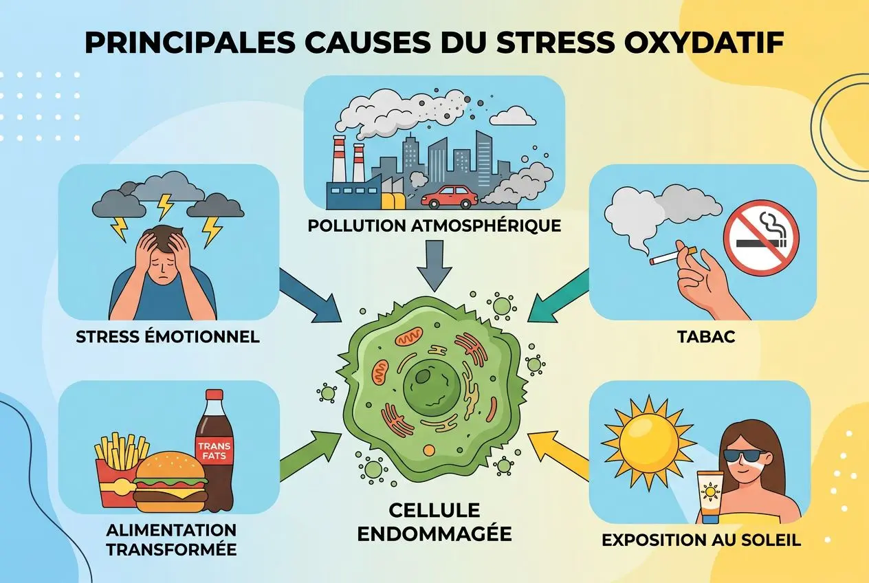 Principales causes du stress oxydatif illustrées autour d’une cellule endommagée et ses effets visibles sur le stress émotionnel, pollution atmosphérique, tabac, alimentation transformée, exposition au soleil et alcool.