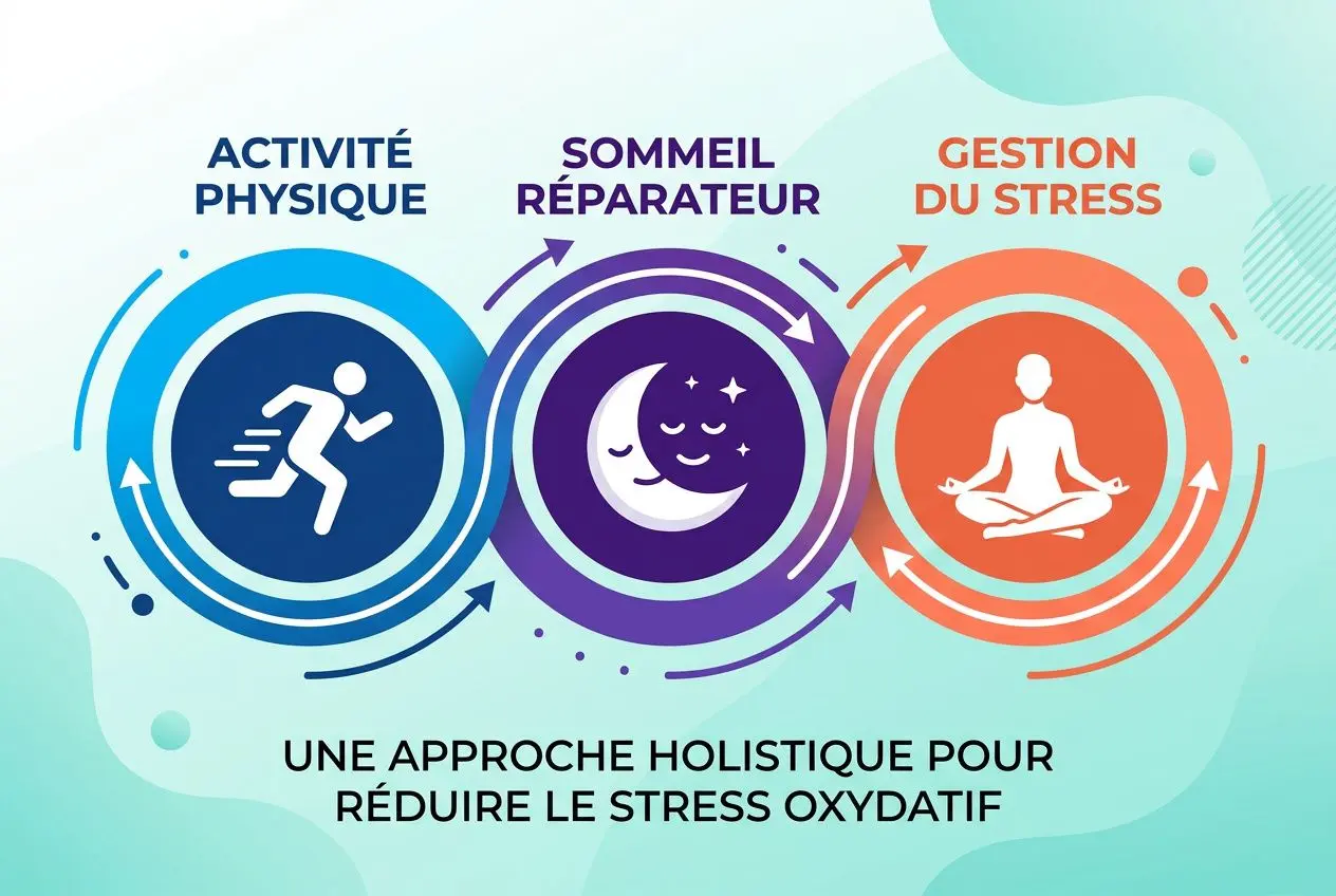 Trois cercles illustrant activité physique, sommeil réparateur et gestion du stress, symboles d’une approche holistique pour réduire le stress oxydatif.