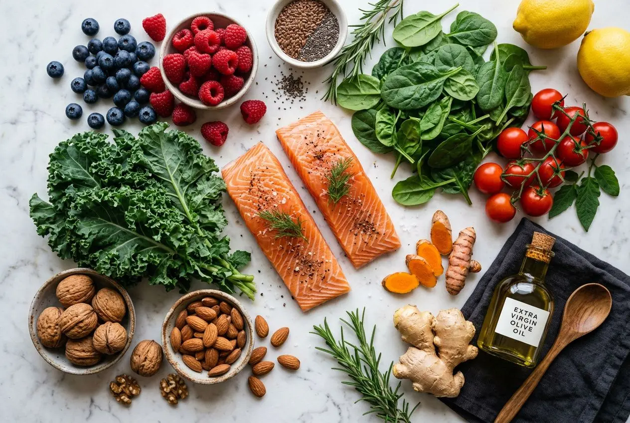 Assortiment d’aliments riches en antioxydants et noix, saumon, légumes verts, fruits rouges, herbes et huile d’olive. Aliments antioxydants anti-inflammatoires.