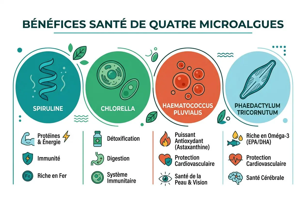 Bénéfices santé de quatre microalgues: spiruline, chloérelle, Haematococcus pluvialis et phaeodactylum tricornutum avec icônes et textes descriptifs. microalgues bienfaits santé intégrée.