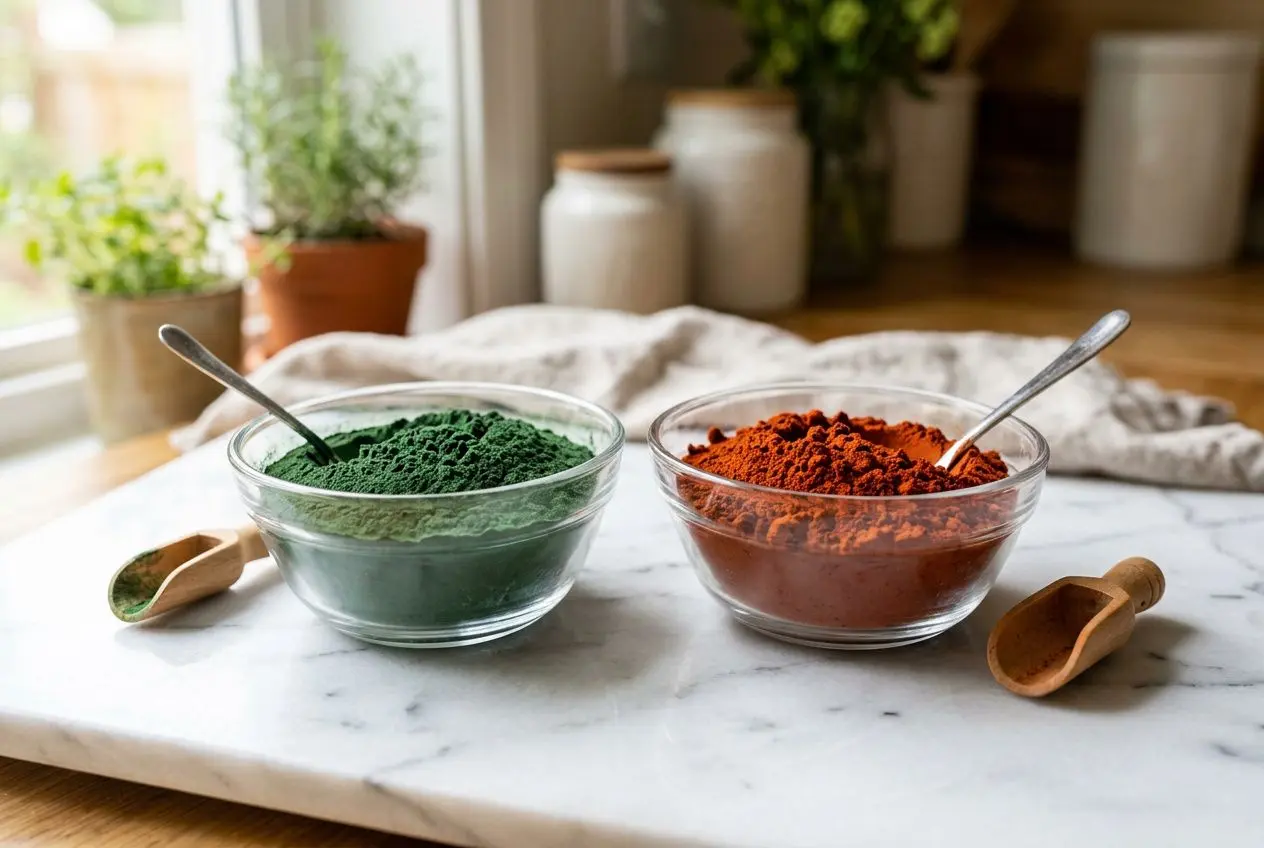Deux bols transparents contenant des poudres colorées: spiruline verte et astaxanthine rouge, sur plan de cuisson blanc.