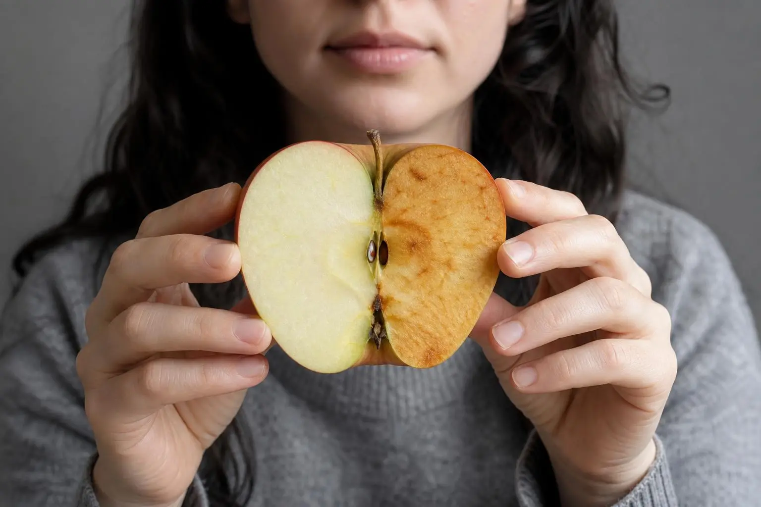 Femme tenant une pomme coupée en deux, moitié verte et moitié brune, symbolisant le stress oxydatif et le traitement naturel.