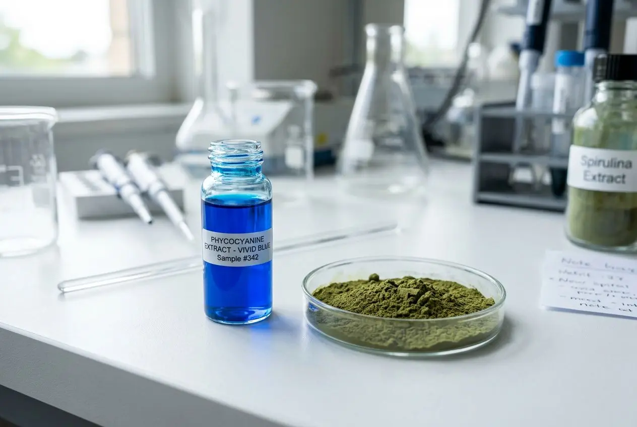 Flacon bleu de phycocyanine en solution à côté d’une poudre verte dans une laboratoire, sécurité et analyses en cours.