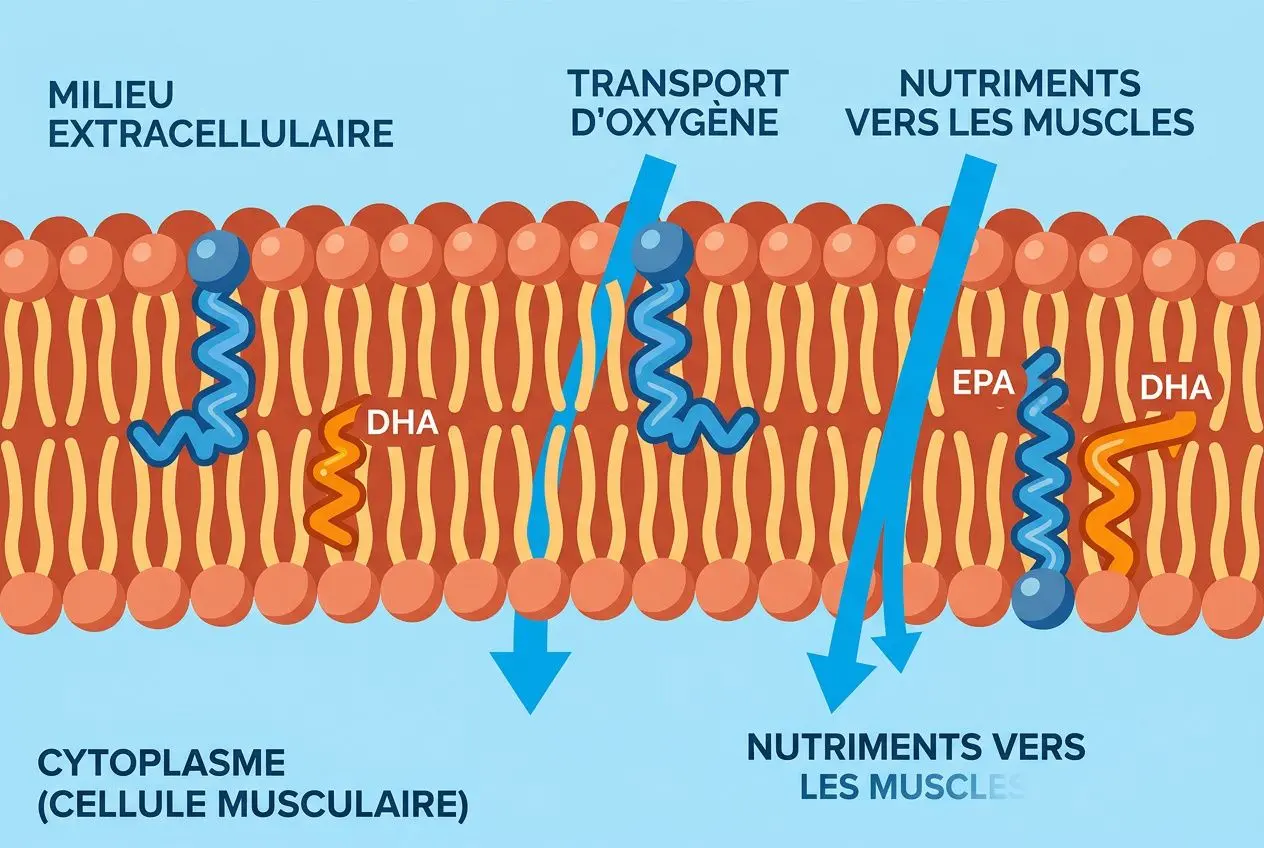 Illustration montrant une cellule musculaire avec membranes et mitochondries; itinéraire des nutriments vers les muscles et le transport d’oxygène, autour des microalgues et nutriments. microalgues nutrition sportive performance