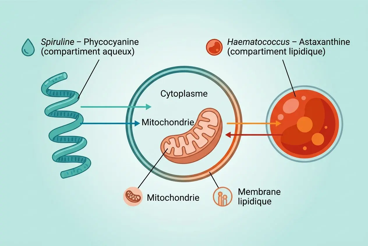 Illustration scientifique montrant une mitochondrie et des composants cellulaires; flèches indiquant des nutriments antioxydants et anti-inflammatoires. aliments antioxydants anti-inflammatoires intégrés.