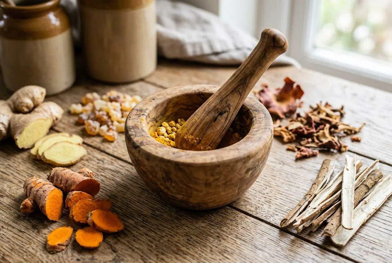 Moule en bois avec mortier et pilon contenant des épices, entouré de racines et zestes aromatiques sur une table en bois, anti-inflammatoire naturel puissant arthrose.
