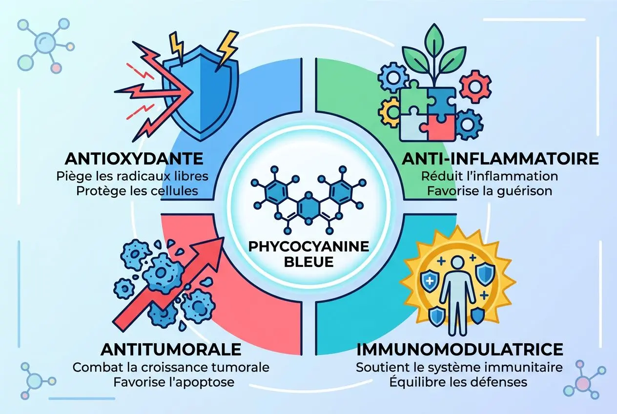 Phycocyanine bleue au centre, entourée par quatre sections: antioxydante, anti-inflammatoire, immunomodulatrice et antitumorale, avec des pictos illustratifs. phycocyanine effets secondaires intégrée naturellement dans la description.