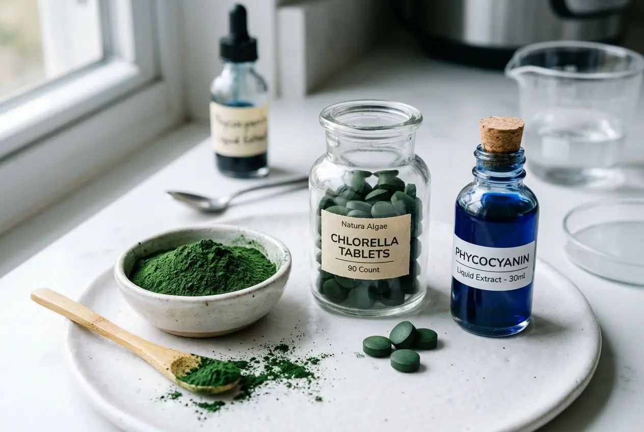 Pièce centrale avec des pills et poudre verte de microalgues, flacons de chlorelle et phyocoyanin, sur une surface blanche. Microalgues nutrition sportive performance.