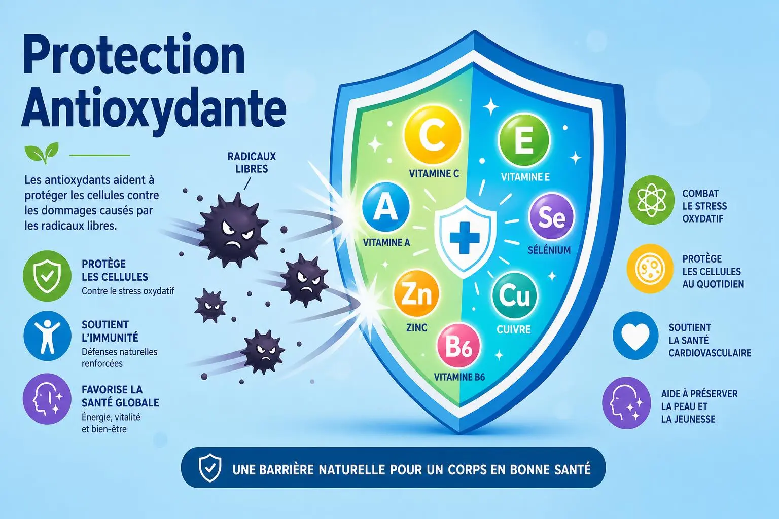Protection antioxydante avec bouclier et icônes de vitamines, logos et radicaux libres; mise en avant des bénéfices pour cellules, immunité et santé cardio-vasculaire. stress oxydatif traitement naturel intégré subtilement.