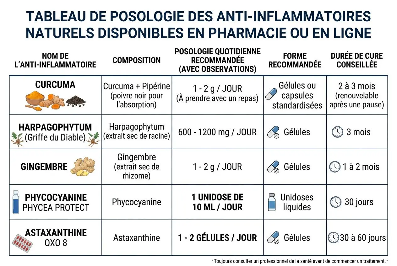 Tableau de posologie des anti-inflammatoires naturels disponibles en pharmacie ou en ligne, avec curcuma, harpagophytum, gingembre, phycocyanine et astaxanthine. anti-inflammatoire naturel puissant arthrose.