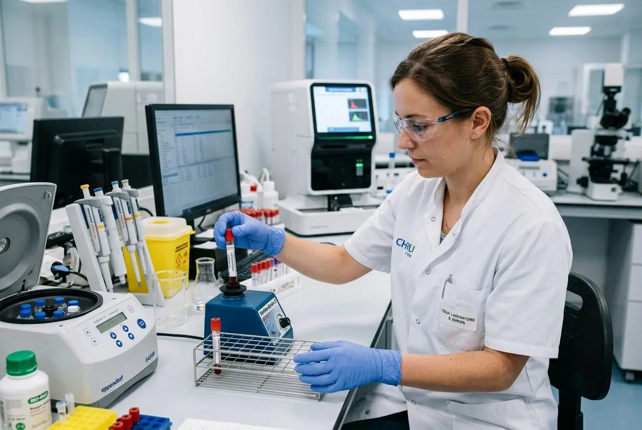 Technicienne en laboratoire effectuant une analyse sanguine pour un bilan stress oxydatif, avec centrifugeuse et matériel de biologie.
