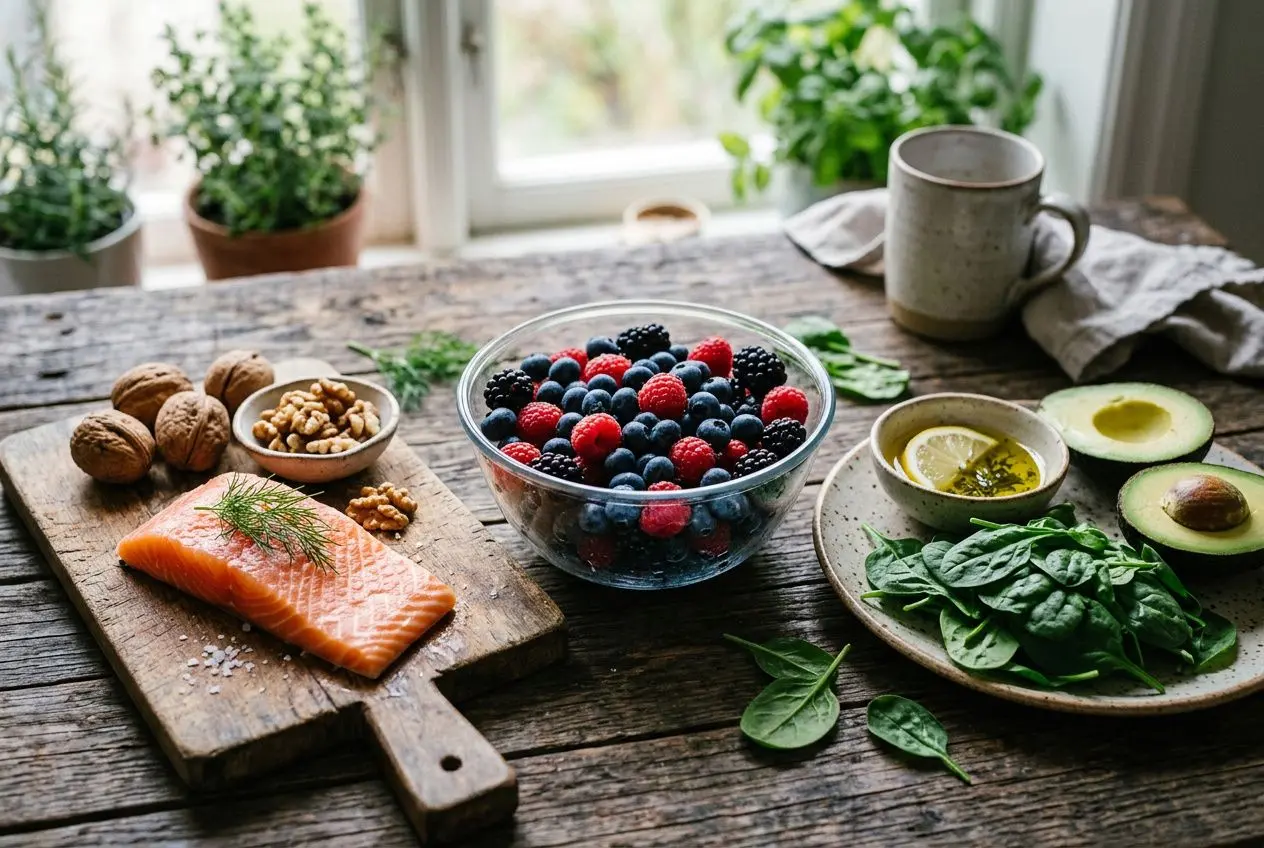 Assiette de saumon fumé et noix, fruits rouges frais, avocats et épinards sur planche et assiettes; thème alimentation anti-âge et bien-être. Comment ralentir le vieillissement cellulaire.