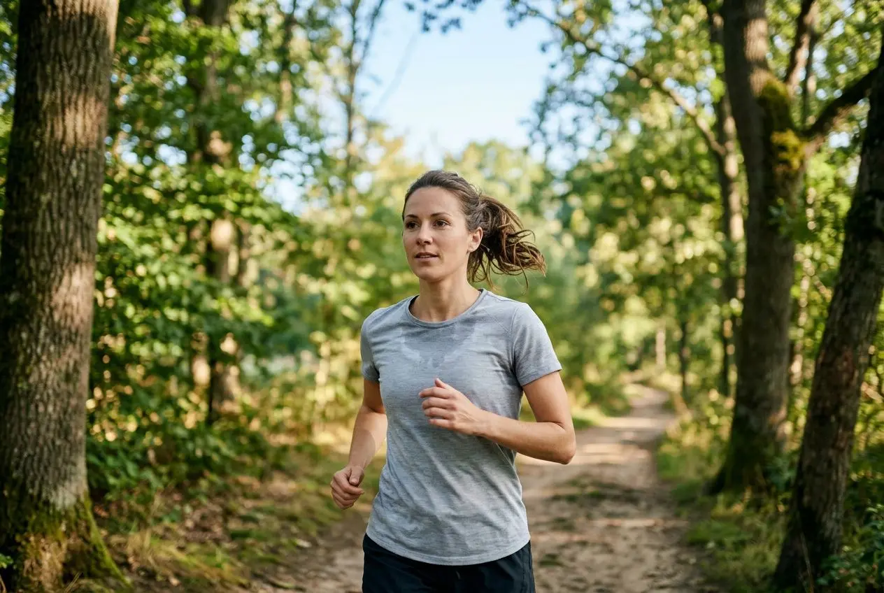 Femme en jogging dans un bois, concentration légère, path en terre, pratique sportive favorisant le bien-être immunitaire. sport et système immunitaire