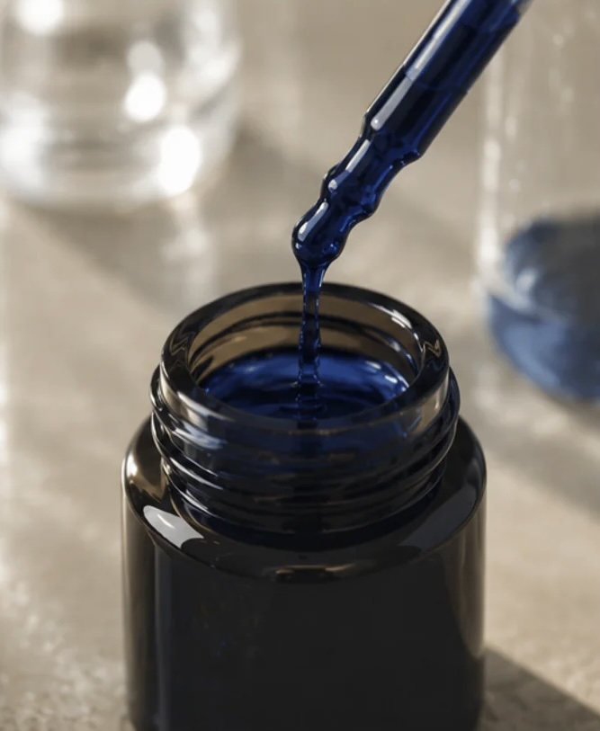 Flacon sombre avec pipette déposant une goutte de phycocyanine bleue extraite de spiruline dans le liquide.