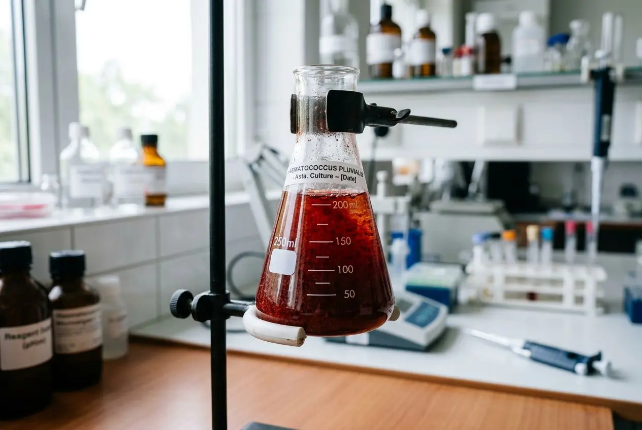 Flacon Erlenmeyer de couleur rougeâtre dans un laboratoire, prêt à étudier des extraits naturels, ambiance scientifique.