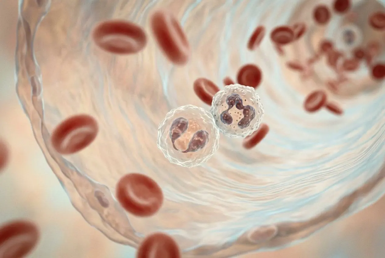 Gouttes sanguines et globules blancs en animation, illustrant le lien entre sport et système immunitaire et les effets de l’exercice sur les défenses.