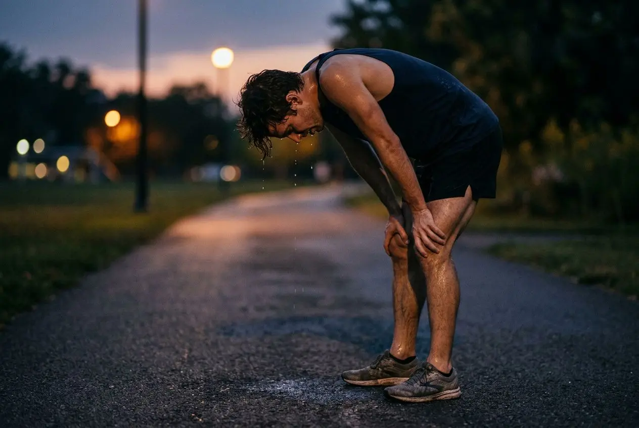 Homme épuisé après une séance de running nocturne, les mains sur les genoux, sur une piste humide. sport et système immunitaire intégré naturellement.