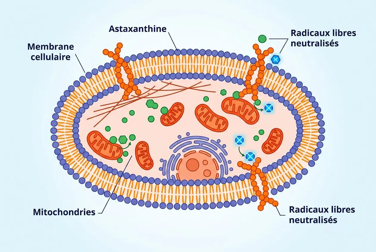 Illustration cellulaire montrant une cellule animale avec mitochondries, membrane plasmique et astaxanthine en orange; radicaux libres neutralisés et énergie centrale.