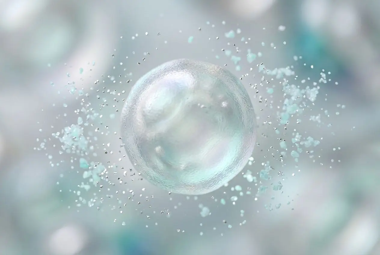 Illustration d’une cellule microscopique entourée de particules, évoquant le stress oxydatif et les maladies liées au stress oxydatif.