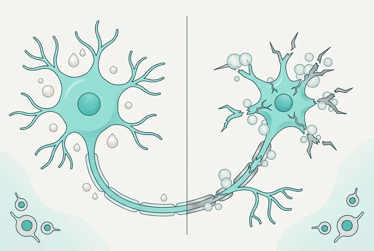 Illustration montrant deux neurones connectés par une synapse, avec des gouttelettes et des bulles autour, symbolisant le stress oxydatif et les effets sur les cellules nerveuses. Maladies liées au stress oxydatif.