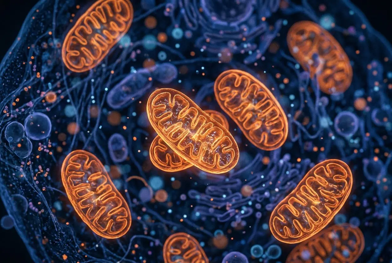 Illustration montrant des mitochondries orange dans une cellule, entourées d’un réseau bleu et de particules, évoquant les radicaux libres définition médicale et stress oxydatif
