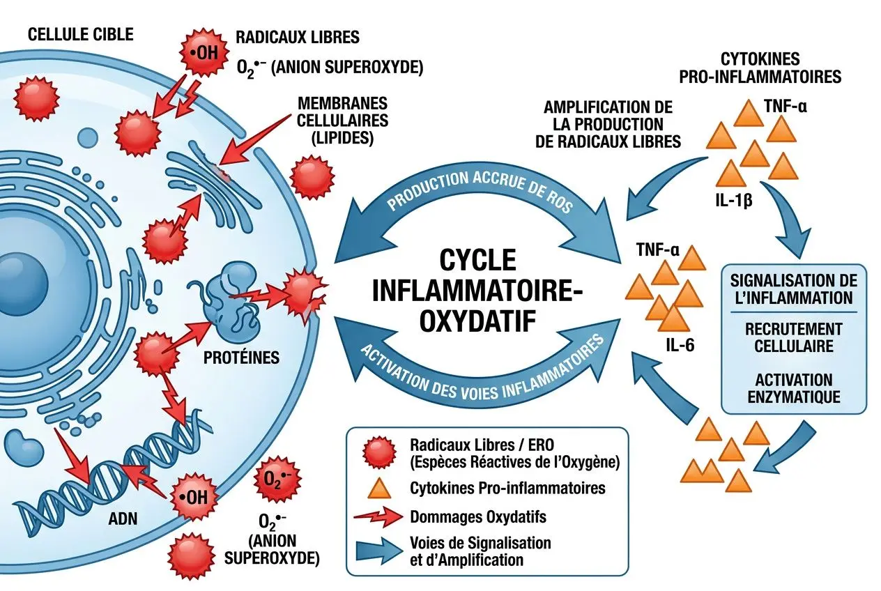 Illustration schématique du cycle inflammatoire-oxydatif montrant les radicaux libres interagissant avec les membranes et l’ADN, conduisant au stress oxydatif et à l’activation des voies inflammatoires. radicaux libres définition médicale et rôles dans l’organisme.