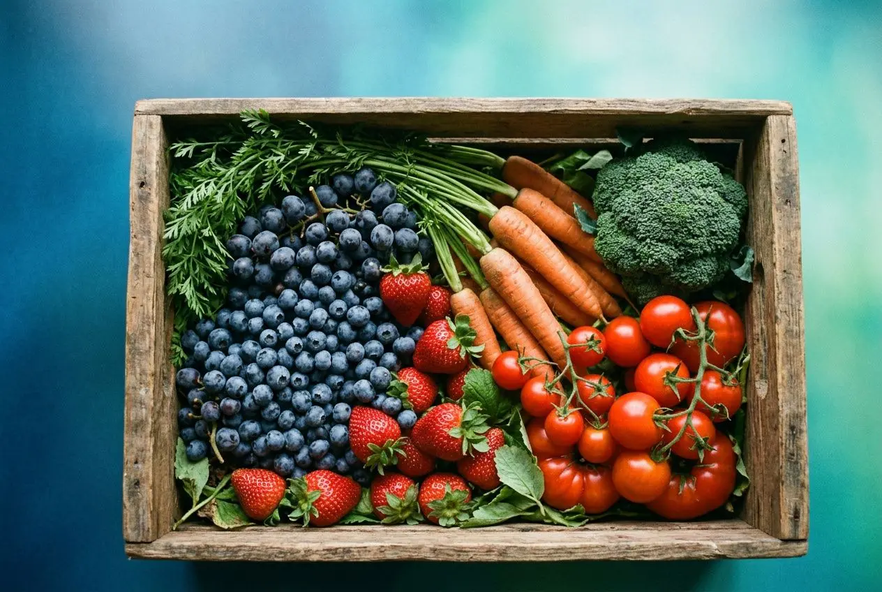 Panier en bois rempli de fruits et légumes frais: myrtilles, fraises, carottes, tomates cerises, brocoli et herbes. antioxydant définition intégré naturellement.