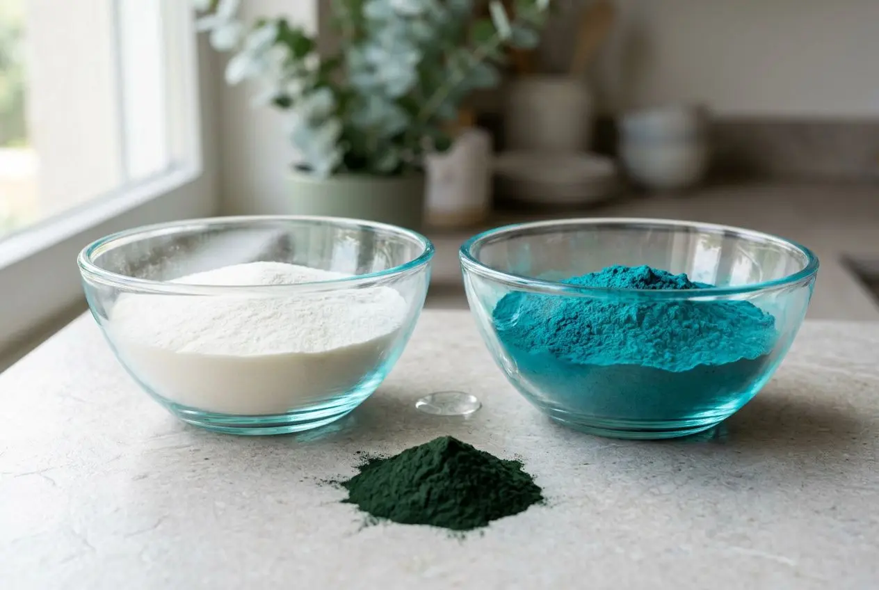 Poudres blanche et bleu-vertes près de deux bols, mise en scène pour collagène marin et phycocyanine bienfaits, sur plan de travail lumineux.