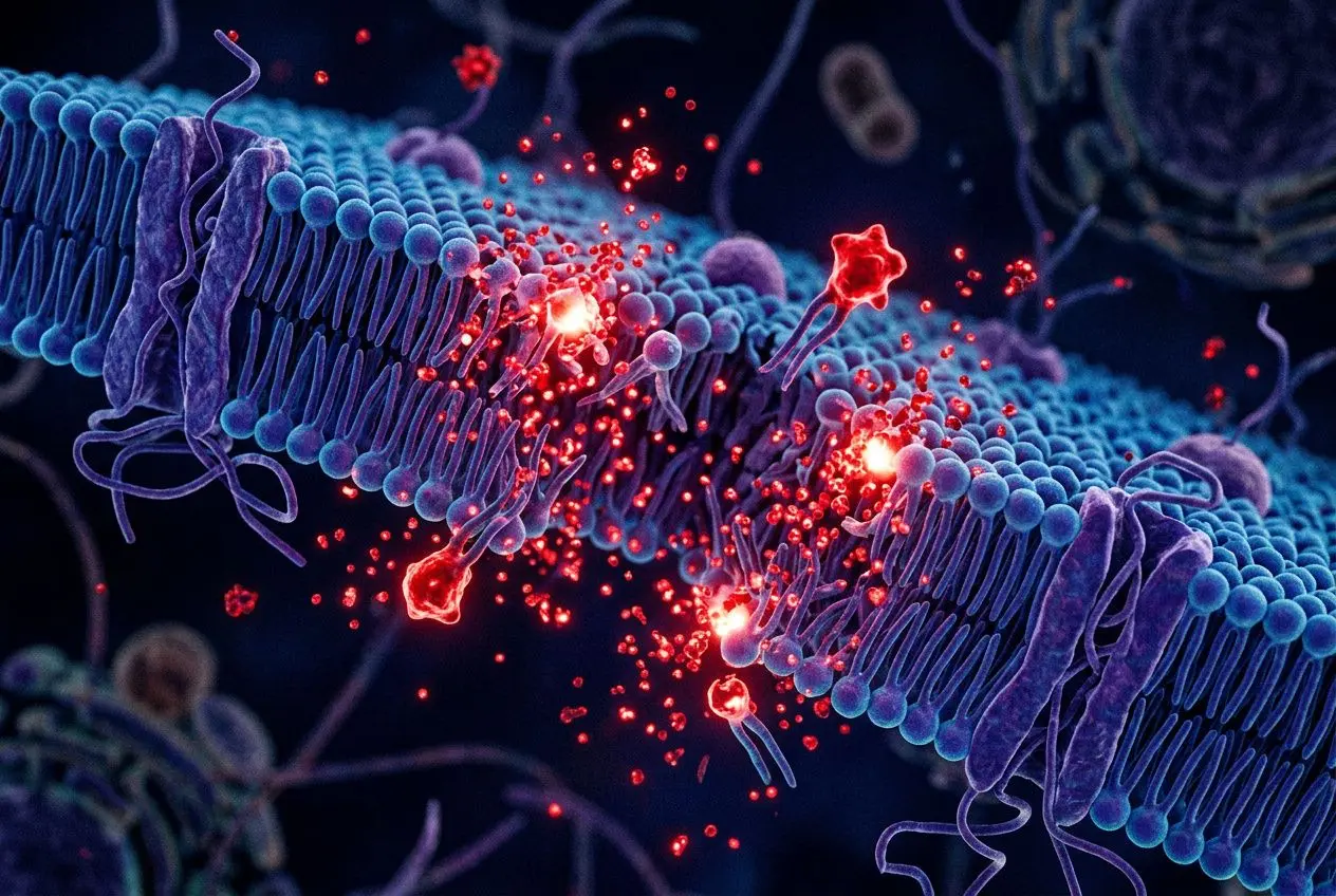Réseau membranaire cellulaire au niveau d’une membrane avec des particules rouges scintillantes illustrant des interactions moléculaires liées au vieillissement cellulaire, dans un contexte informatique.