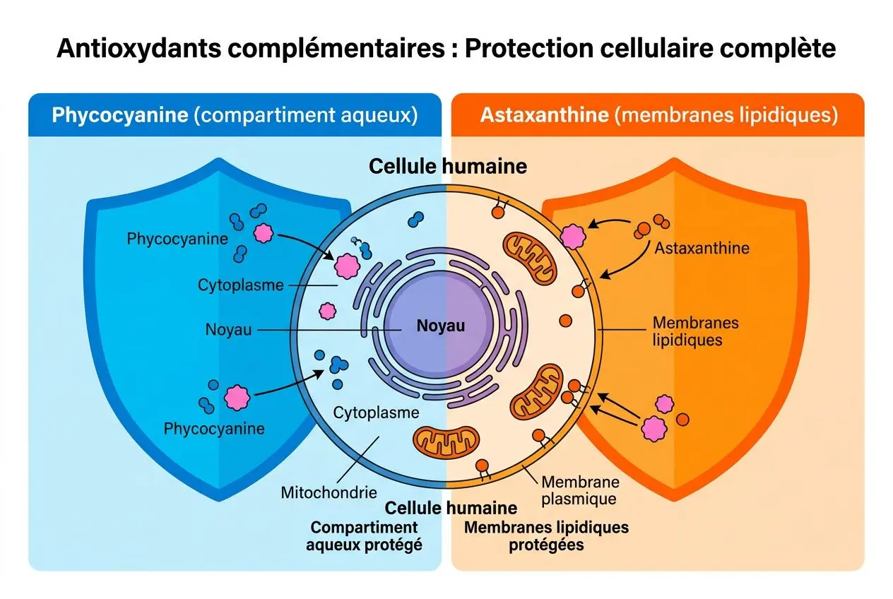 Schéma sur les antioxydants complémentaires montrant la phycocyanine et l’astaxanthine séparées, protégeant les compartiments cellulaires et les membranes.