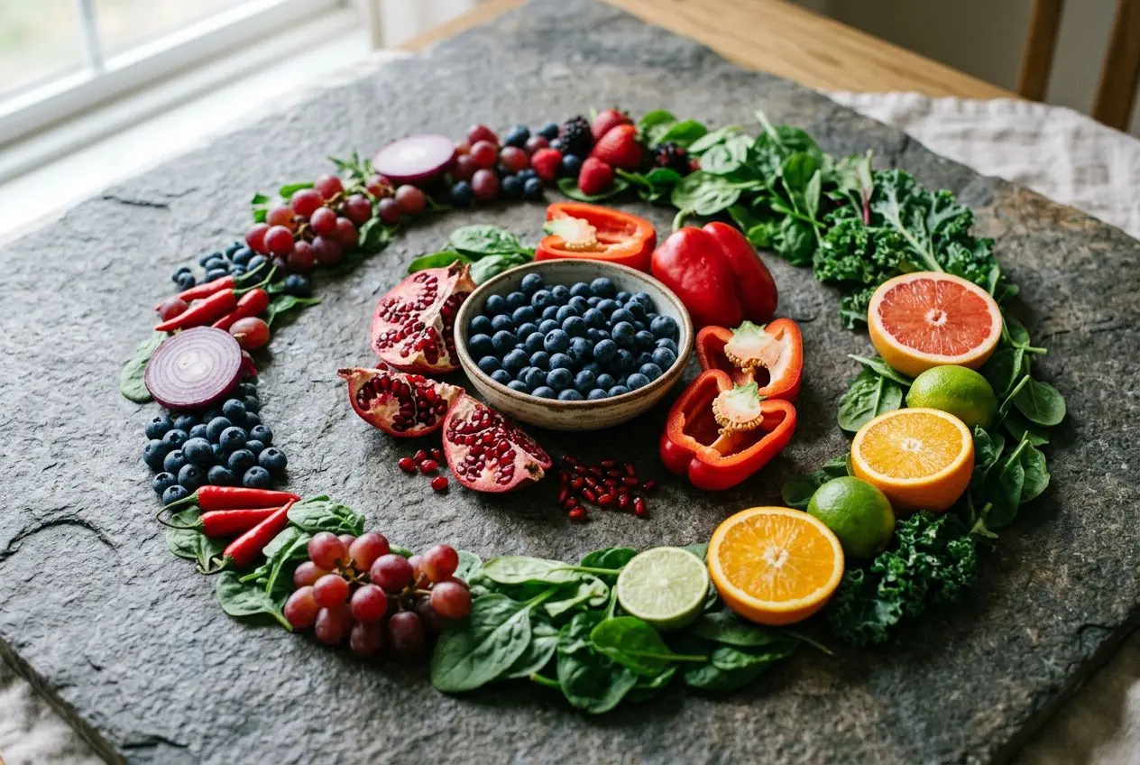 Assiette colorée de fruits et légumes frais autour d’un bol de myrtilles, symbole d’alimentation antioxydante pour réduire le stress oxydatif que faire.
