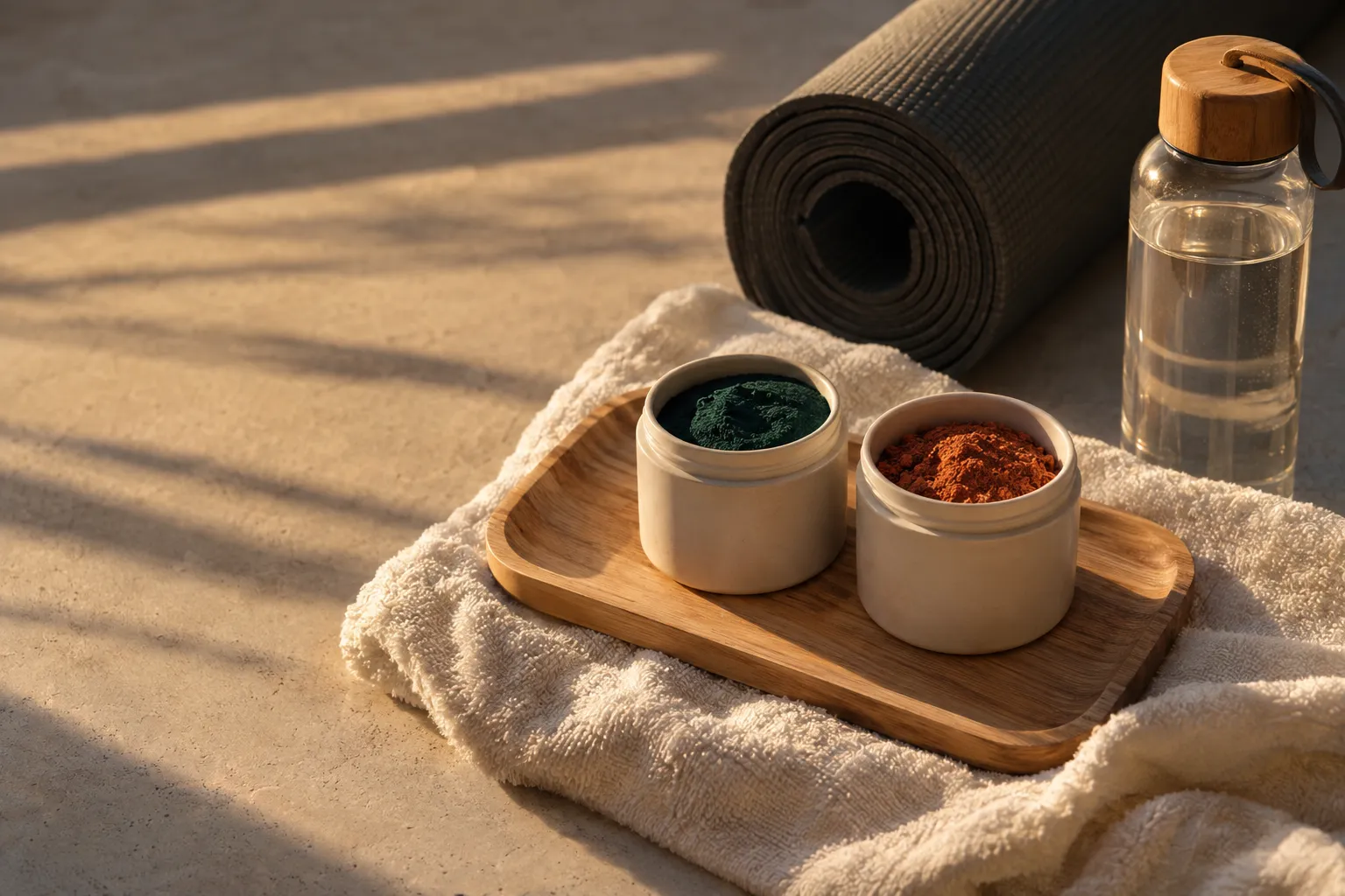 Deux pots de poudre vert et brun sur une planche en bois posée sur une serviette, avec une bouteille d'eau et un tapis de