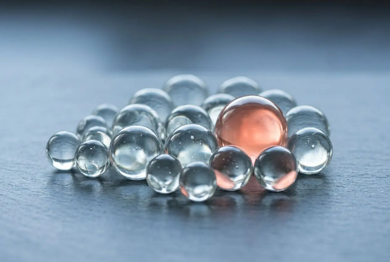 Gouttes sphériques transparentes et une plus grande teintée rose sur un fond bleu, symbolisant l'inflammation et vieillissement par l'inflammaging.