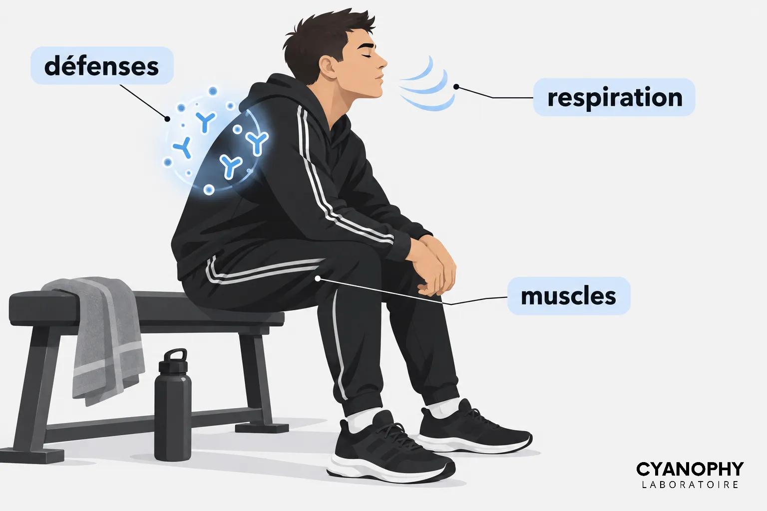 Un homme assis sur un banc de musculation, le dos entouré d’éléments symbolisant les defenses, avec une respiration par la