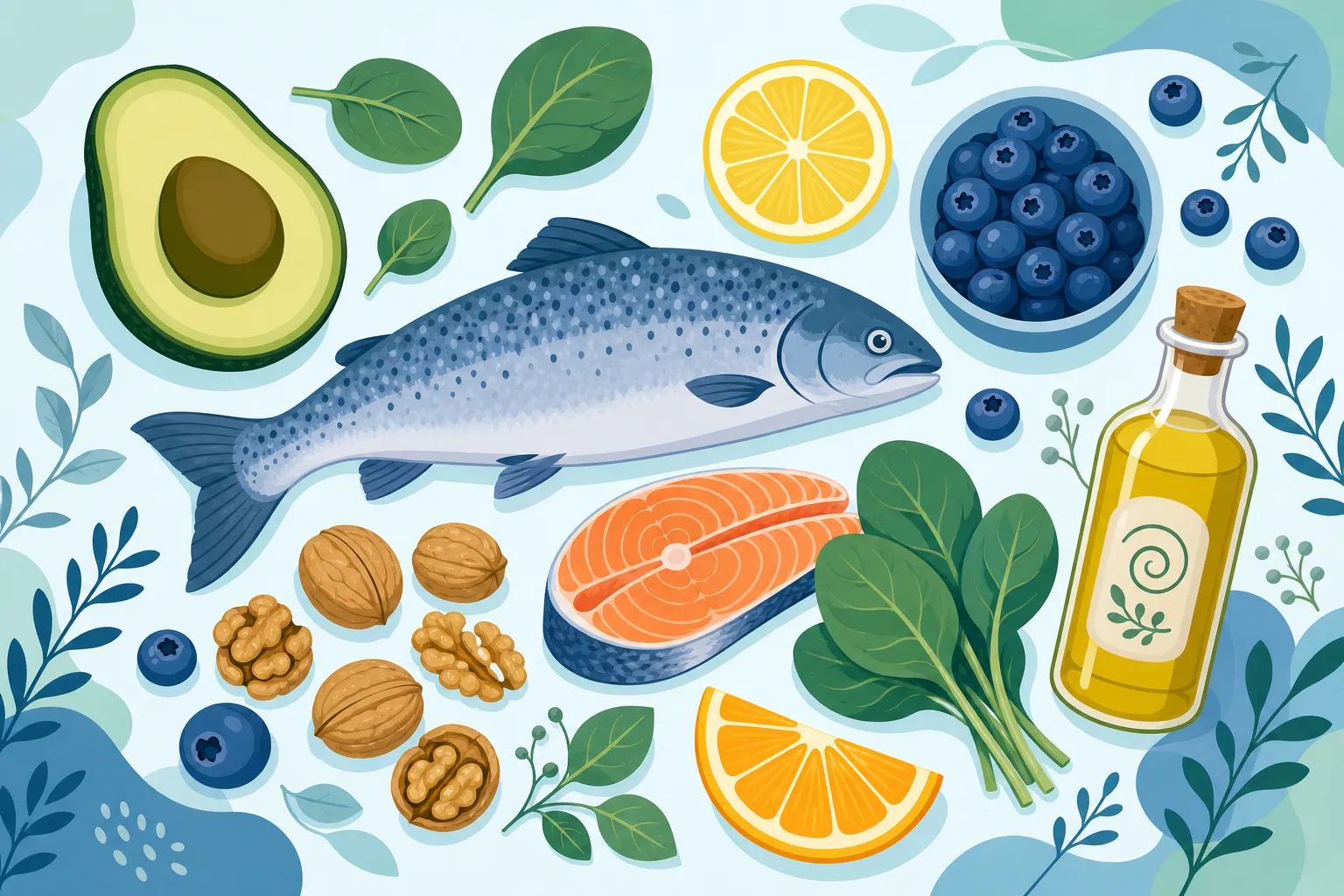 Illustration d’aliments bénéfiques pour la régénération cellulaire naturelle: poisson, avocat, agrumes, myrtilles, noix, épinards, salade, huile d’olive et légumes feuillus, suggérant alimentation saine pour peau éclatante.