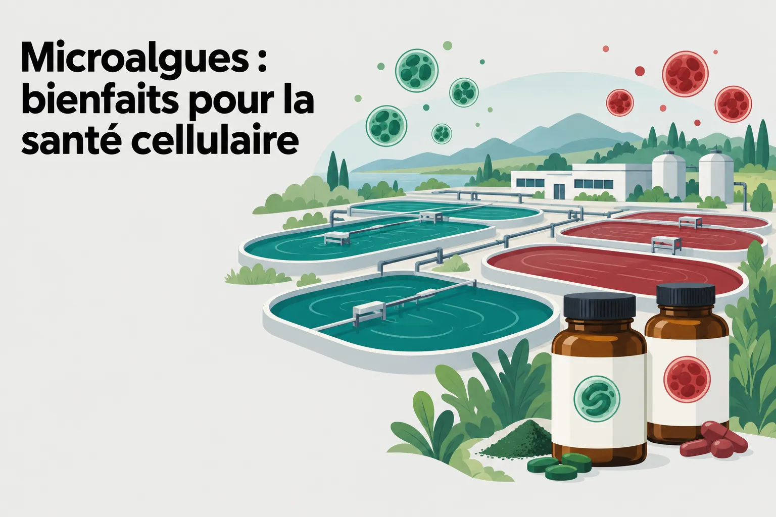 Illustration montrant des étangs de traitement et deux bouteilles de compléments avec des particules rouges et vertes