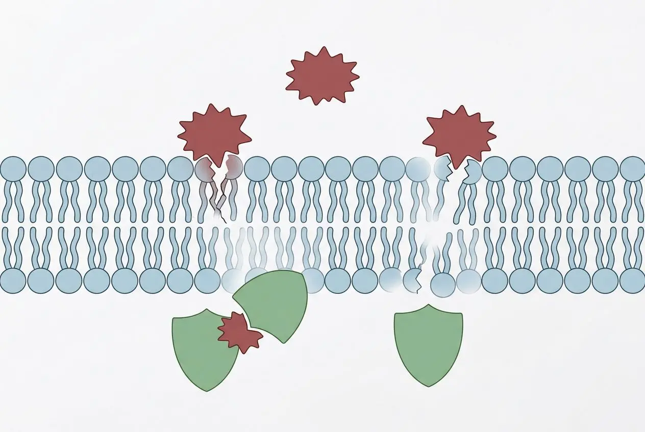 Illustration montrant des molécules en biocouche avec des éléments perturbateurs (rouges) et des fragments protecteurs verts, symbolisant le stress oxydatif que faire contre.