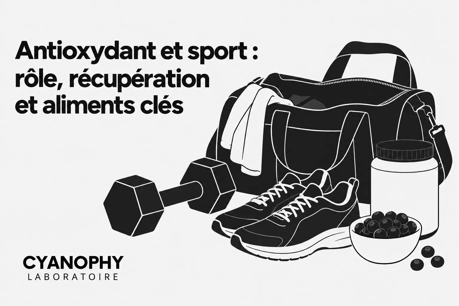 Sac de sport, haltères et accessoires de remise en forme sur fond clair.