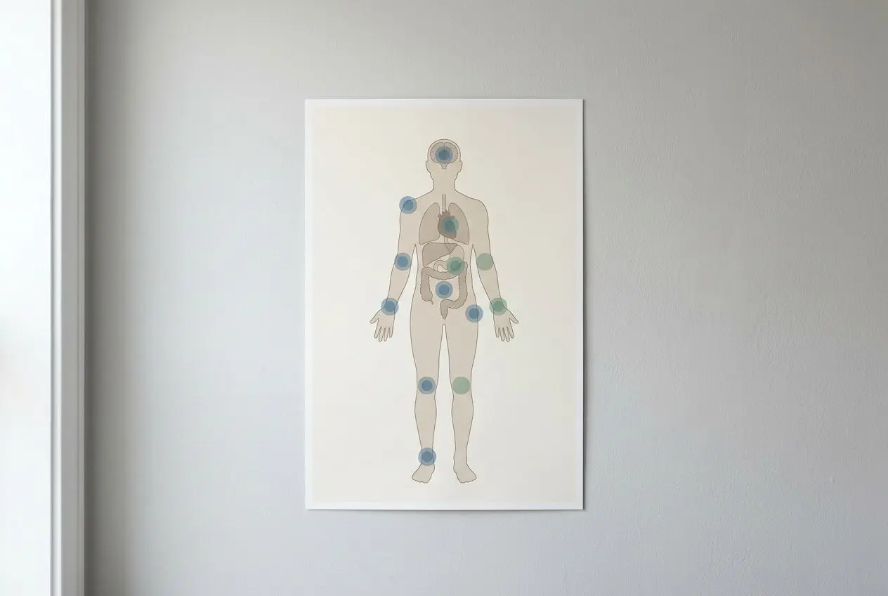 Schéma corporel illustrant les zones douloureuses et inflammatoires sur un corps humain, avec des points colorés sur les articulations et organes. inflammation chronique symptômes