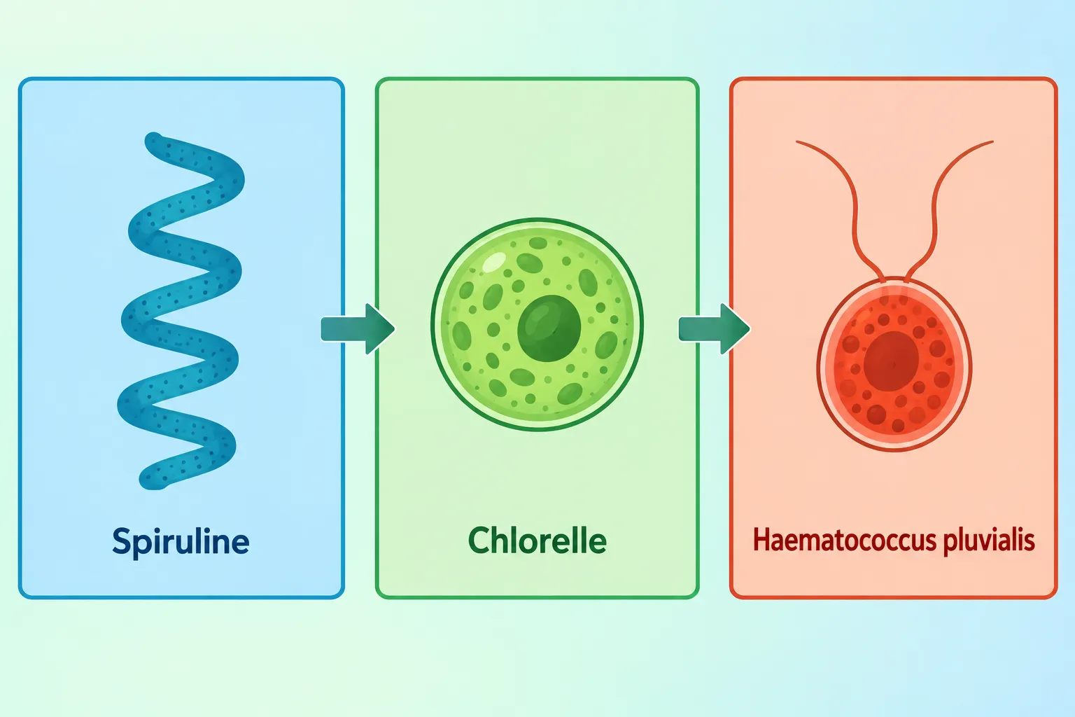 Spiruline transformée en chlorelle puis en Haematococcus pluvialis via des flèches entre les trois illustrations.