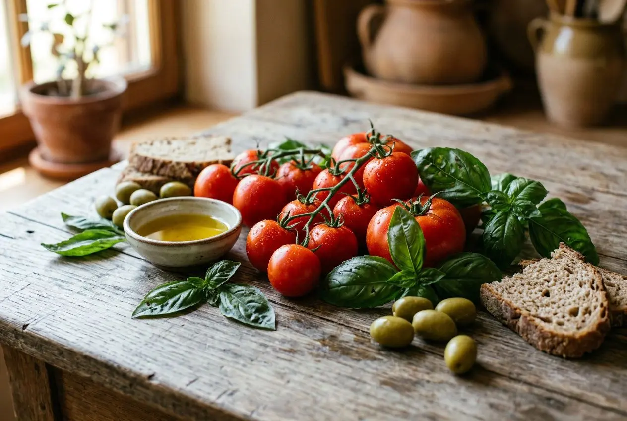 Tomates cerises et basilic frais sur bois, accompagnés d’olives, d’un filet d’huile d’olive et de tranches de pain, façon repas simple et sain, en lien avec inflammation et vieillissement.