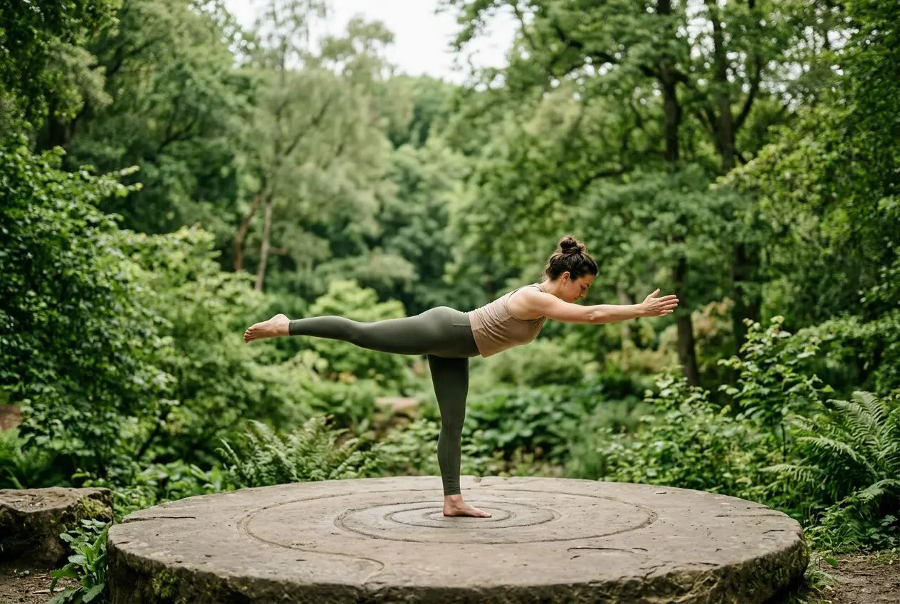 Yoga en équilibre sur une dalle rocheuse au cœur de la forêt, faisant une pose d’étirement pour favoriser le bien-être et l’équilibre. stress oxydatif que faire