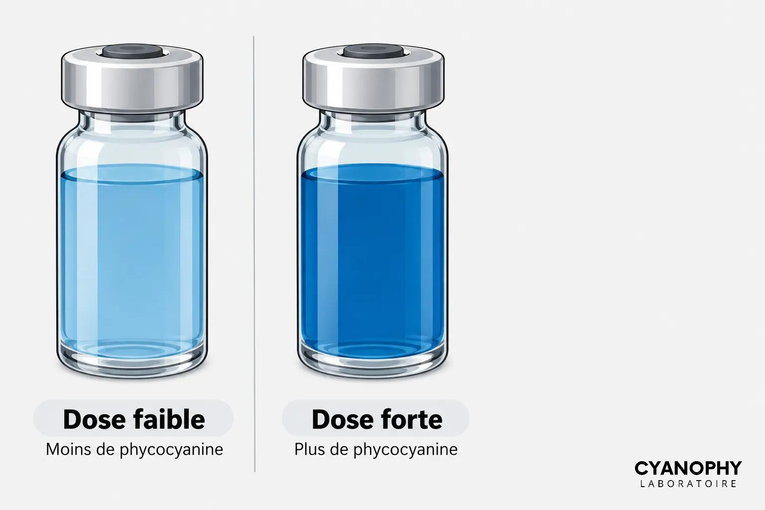 Deux fioles contenant un liquide bleu, la première étiquetée dose faible et la seconde dose forte.