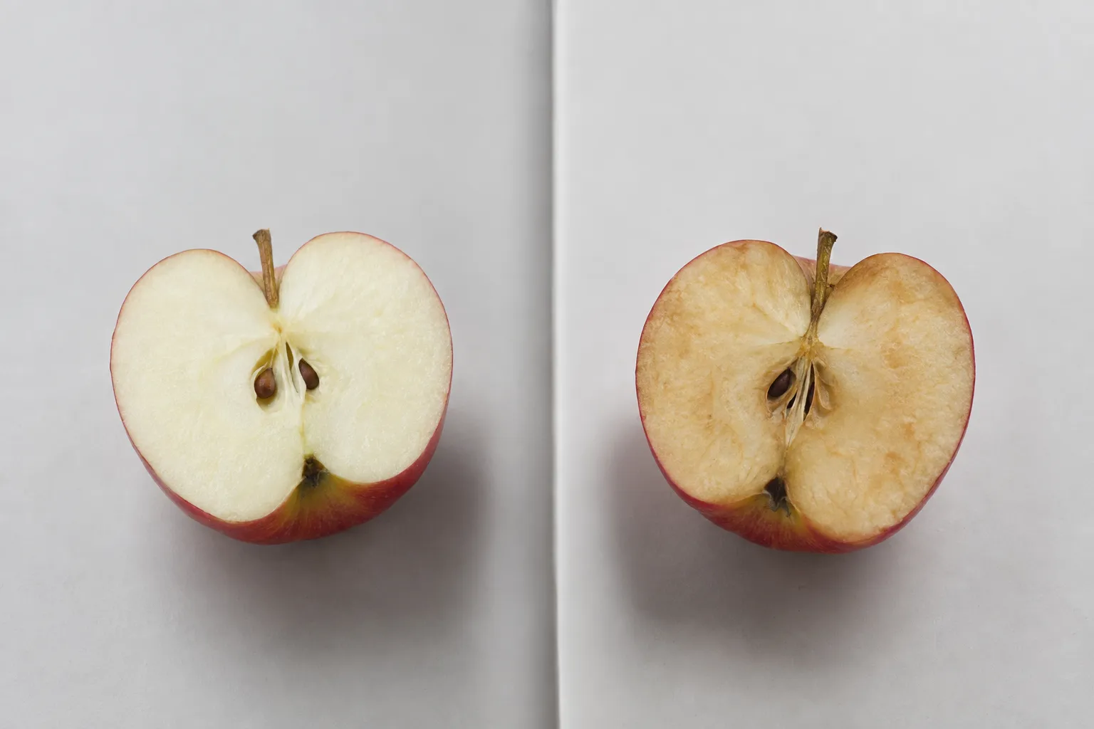 Deux moitiés de pomme rouge coupée en deux, l’une montrant l’intérieur blanc et l’autre l’intérieur légèrement brunâtre.