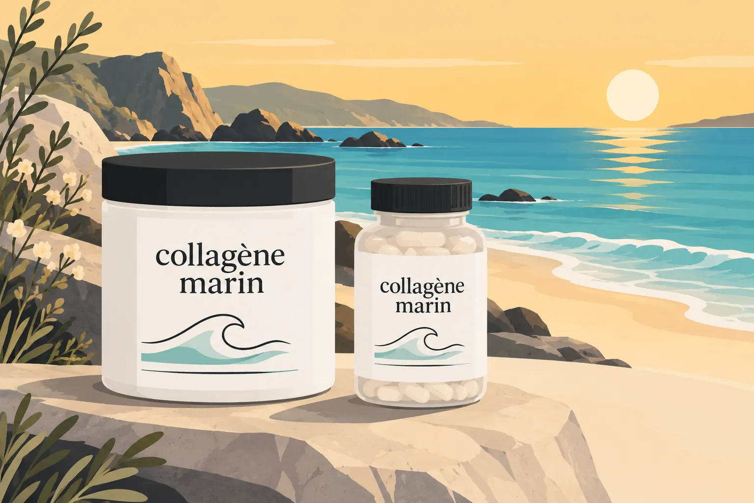 Deux pots de collagène marin sur une plage au bord de la mer au coucher du soleil.